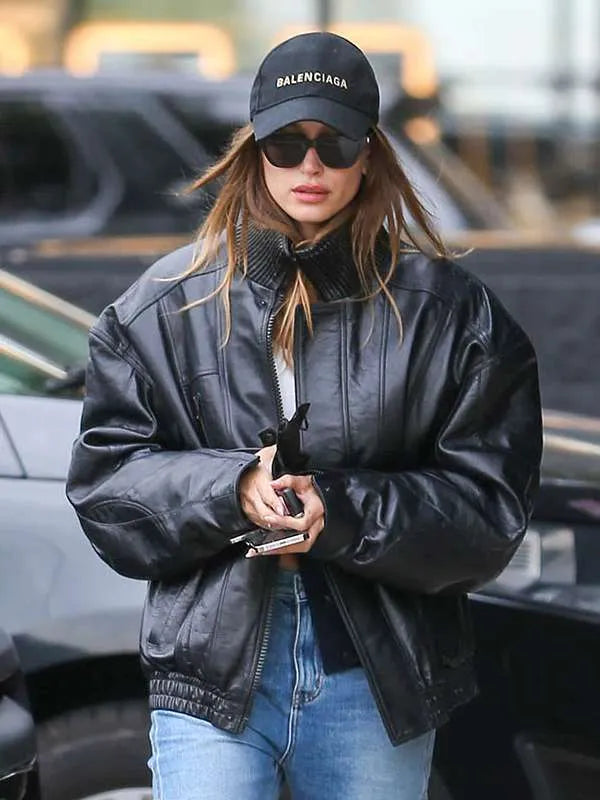 Hailey Bieber Black Bomber Leather Jacket Max Jackets