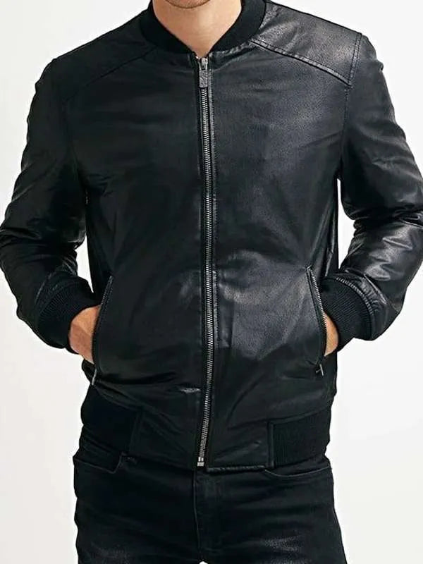 Men Sheepskin Black Bomber Leather Jacket Max Jackets