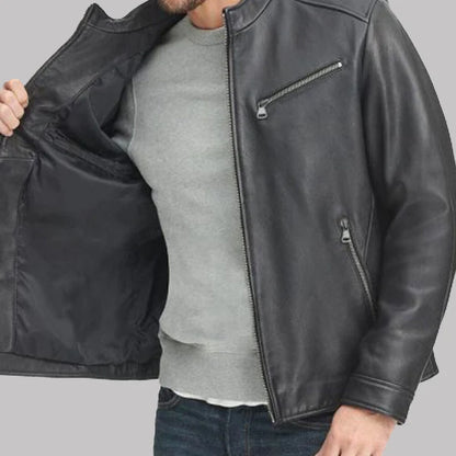 Men's Black Leather Stand-up Collar Jacket Max Jackets