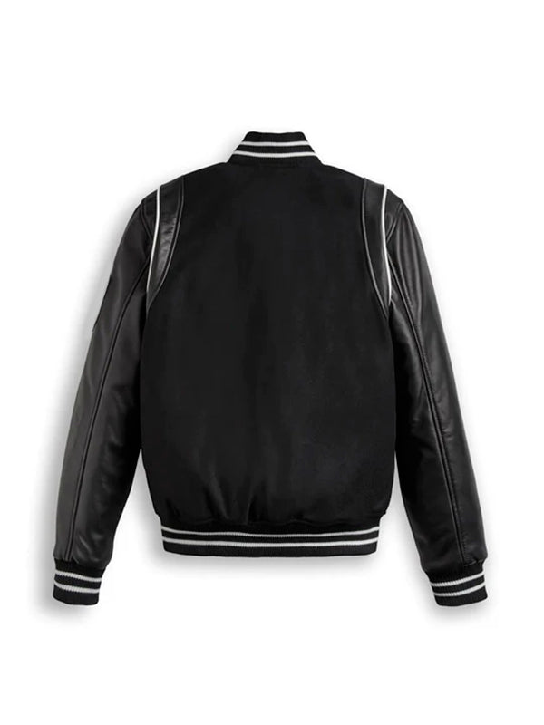 Black Varsity Bomber Leather Jacket With Stripes Max Jackets