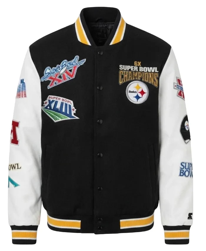 Black and white Steelers jacket with outside and inside pockets
