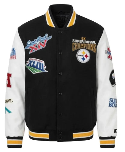 Black and white Steelers jacket with outside and inside pockets