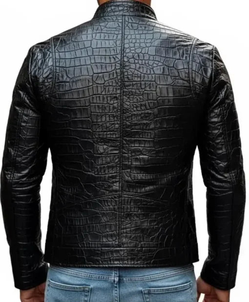 Men's Black Crocodile Pattern Leather Motorcycle Jacket