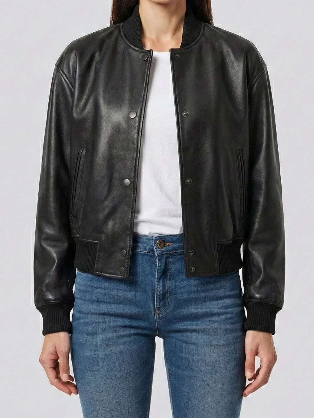 Black Snap Button Cropped Leather Bomber Jacket Womens