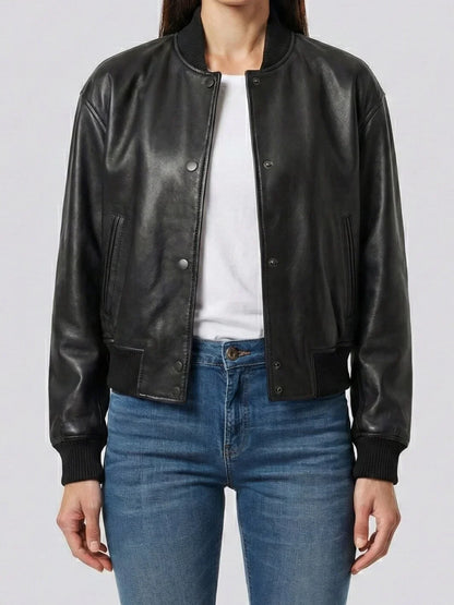 Black Snap Button Cropped Leather Bomber Jacket Womens