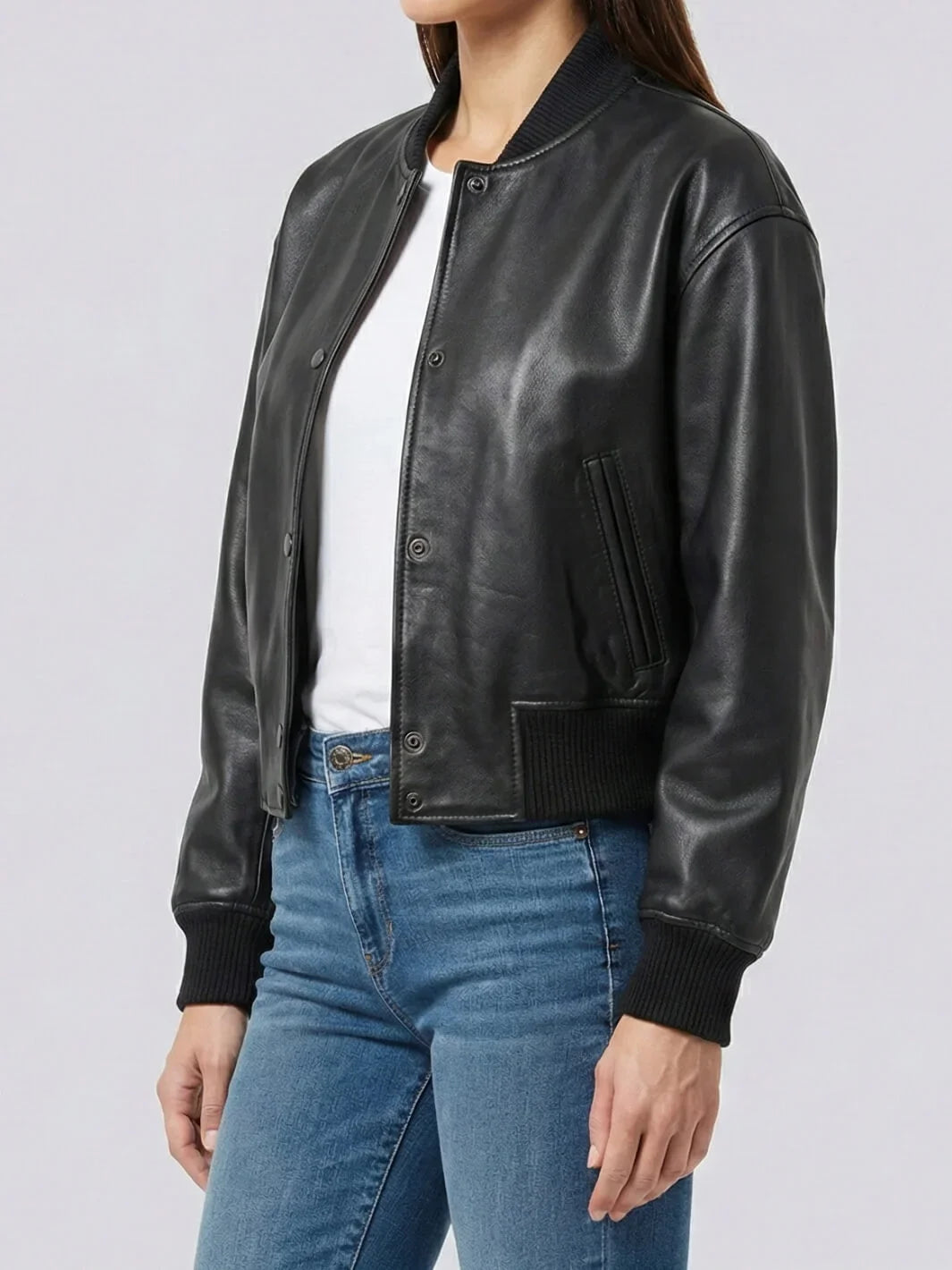 Black Snap Button Cropped Leather Bomber Jacket Womens