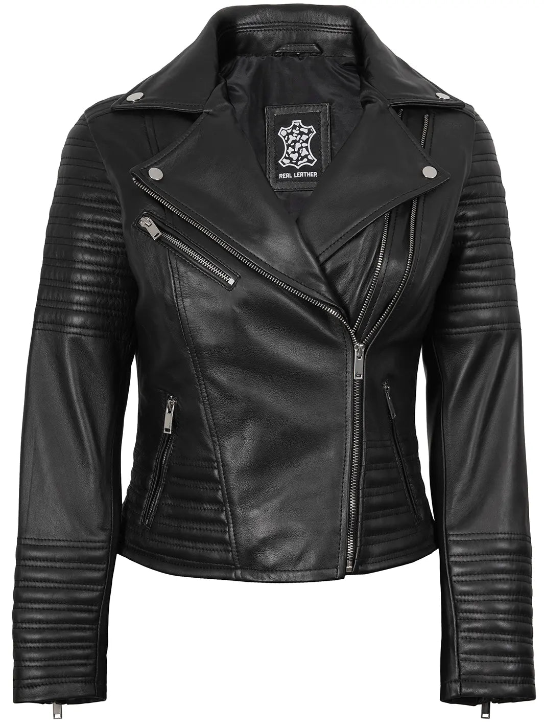 Women's Black Asymmetrical Biker Style Leather Jacket | Padded Detailing
