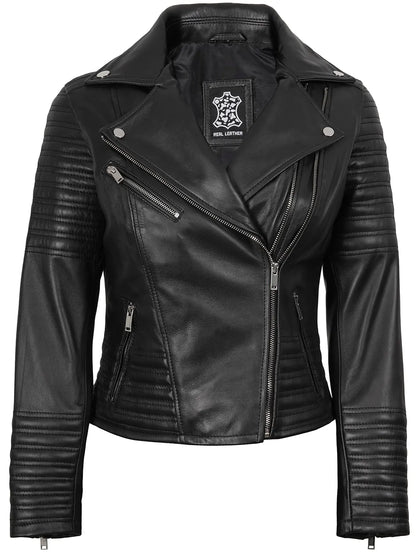 Women's Black Asymmetrical Biker Style Leather Jacket | Padded Detailing
