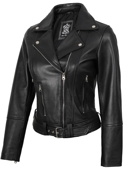 Womens Asymmetrical Black Biker Style Leather Jacket