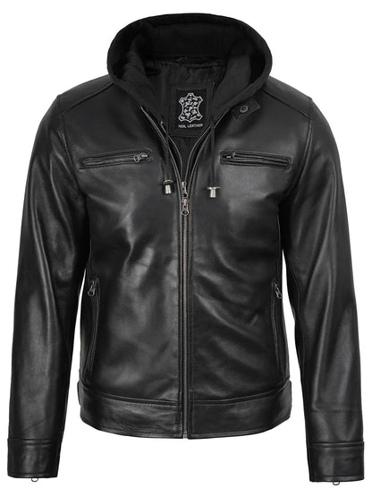 Men's Black Biker Style Leather Jacket with Removable Hood