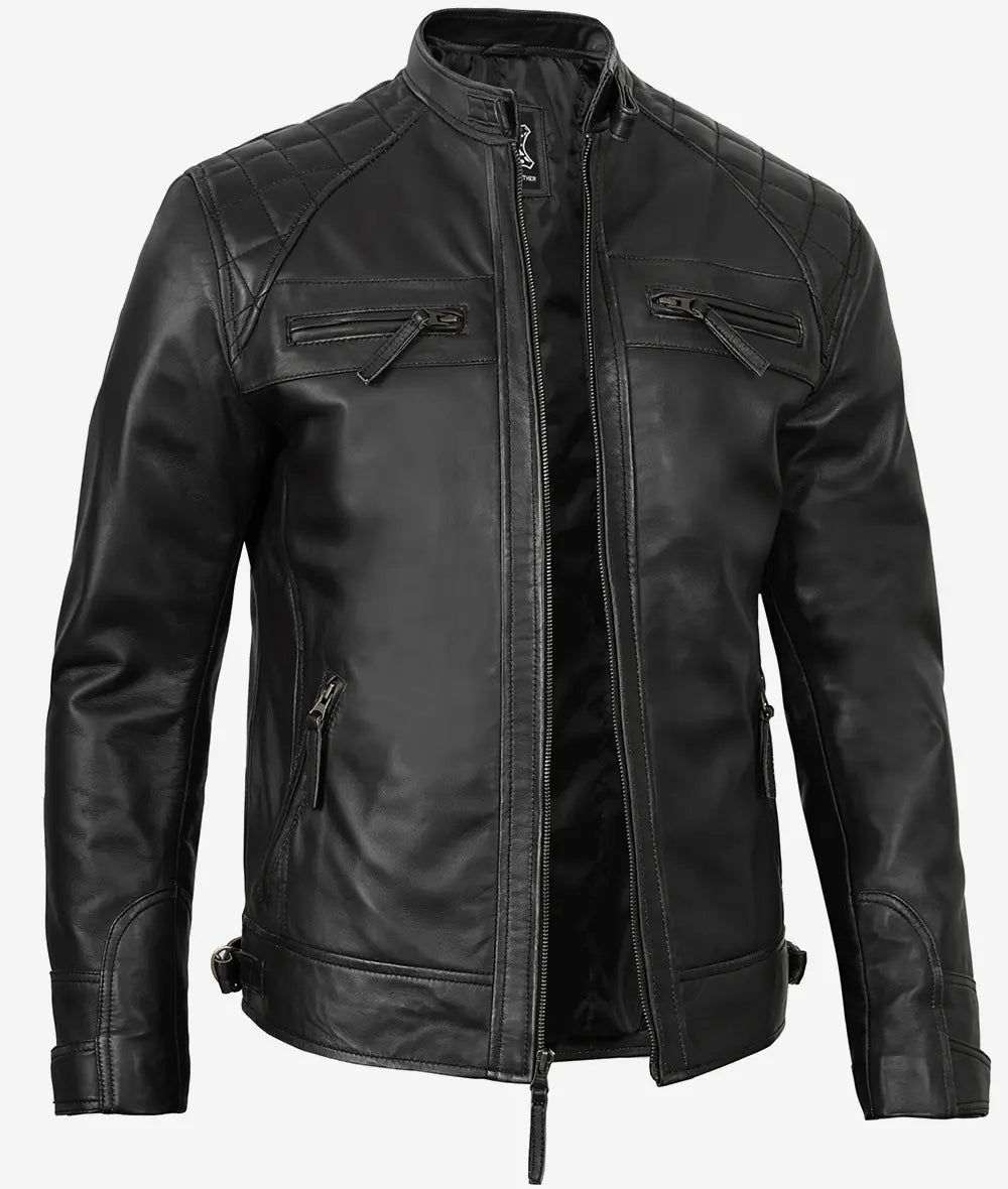 Men's Quilted Shoulder Black Cafe Racer Leather Jacket Max Jackets