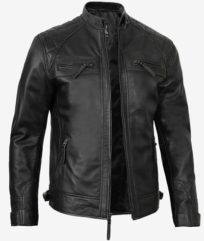 Men's Quilted Shoulder Black Cafe Racer Leather Jacket Max Jackets