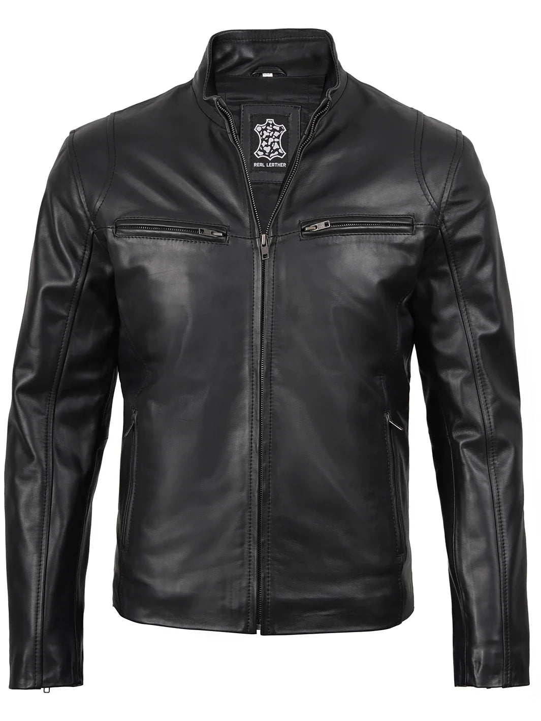 Clinton - Men's Black Cafe Racer Lambskin Leather Jacket