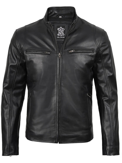 Clinton - Men's Black Cafe Racer Lambskin Leather Jacket