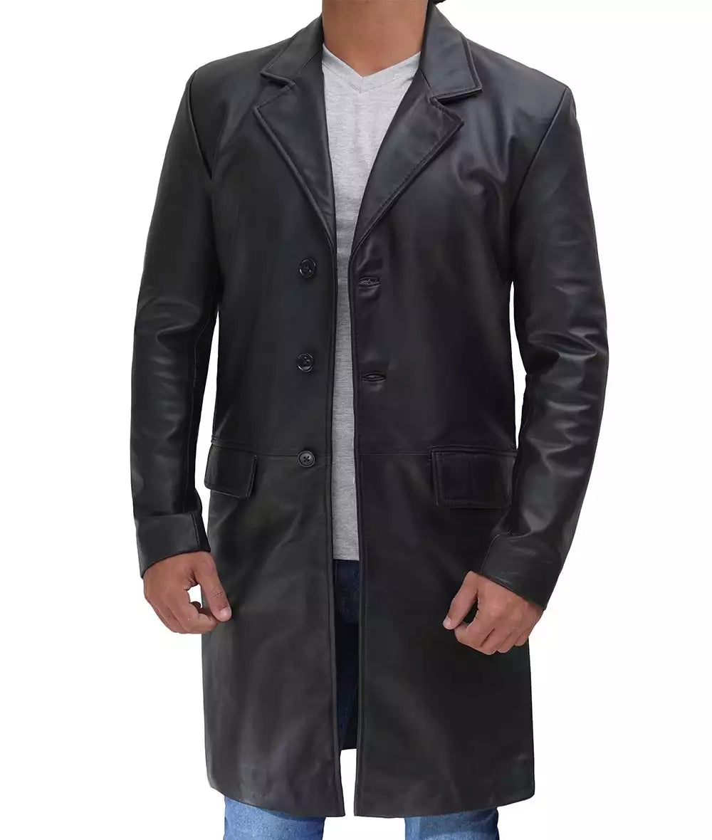 Men's Cowhide Black 3/4 Length Leather Coat