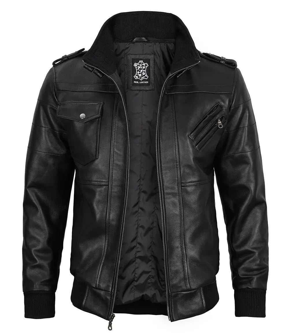 Edinburgh Mens Black Bomber Leather Jacket With Removable Hood