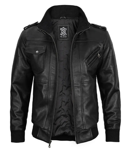 Edinburgh Mens Black Bomber Leather Jacket With Removable Hood