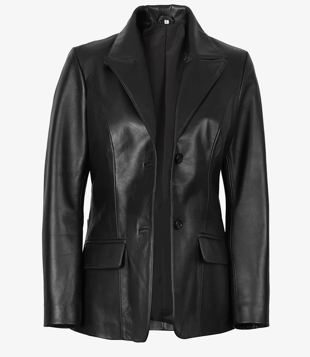 Women's Black Two-Button Leather Blazer