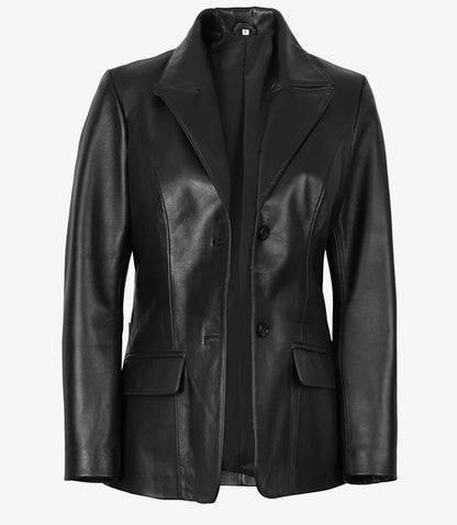 Women's Black Two-Button Leather Blazer