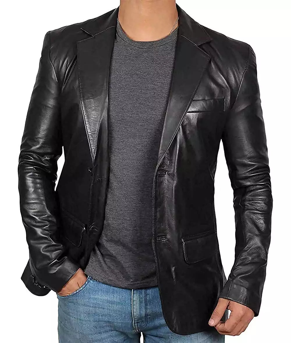 Mens Black Leather Blazer Jacket - Stylish Two Button Notch Lapel Blazer Max Jackets