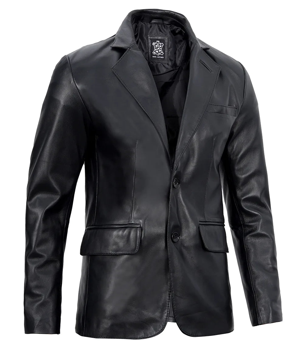 Men's Black Two-Button Leather Blazer