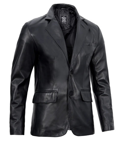 Men's Black Two-Button Leather Blazer