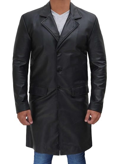 Men's Long Black Real Cowhide Leather Trench Coat