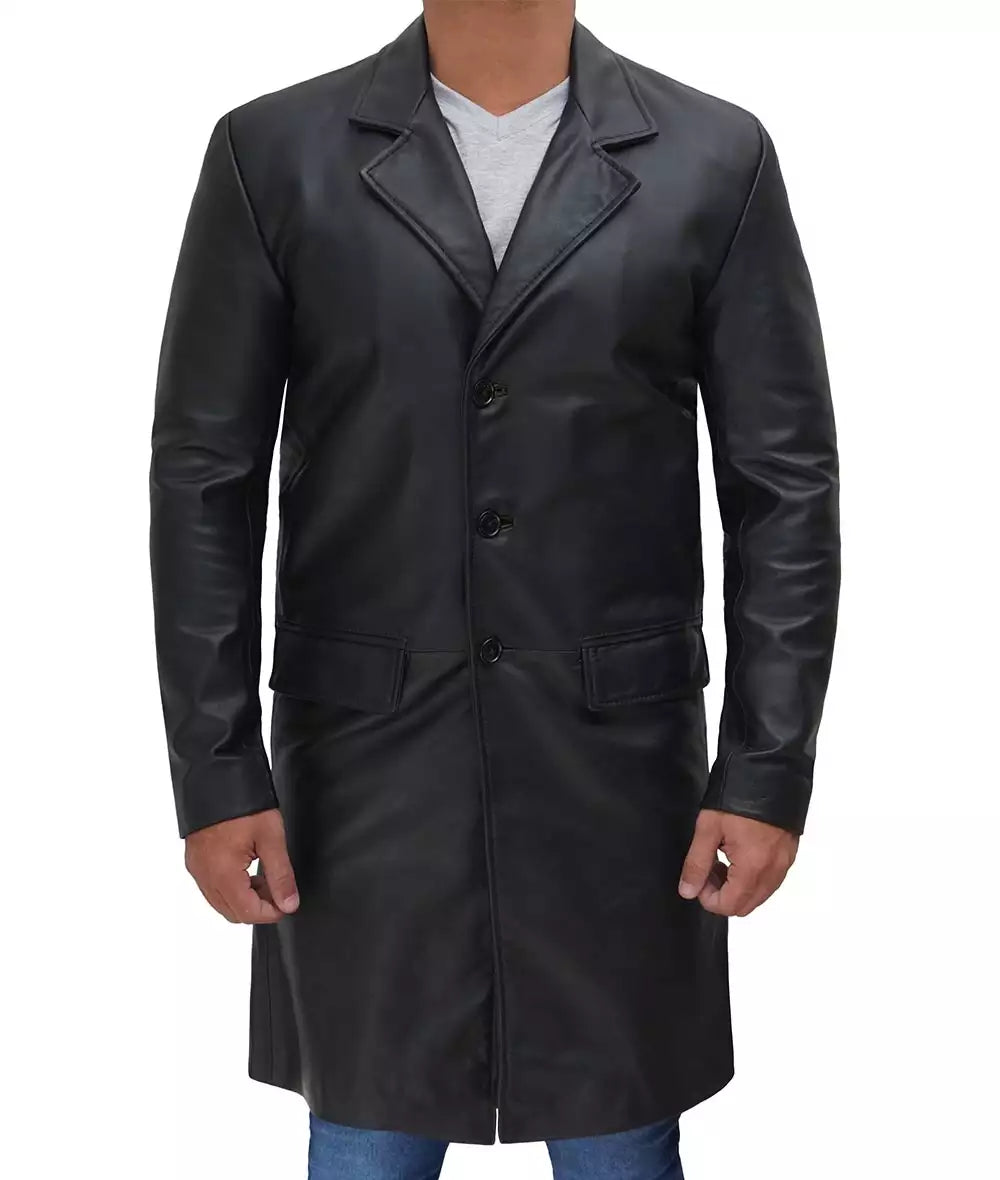 Men's Cowhide Black 3/4 Length Leather Coat