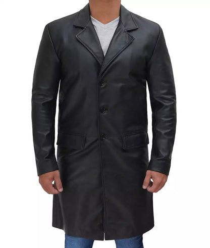 Men's Cowhide Black 3/4 Length Leather Coat