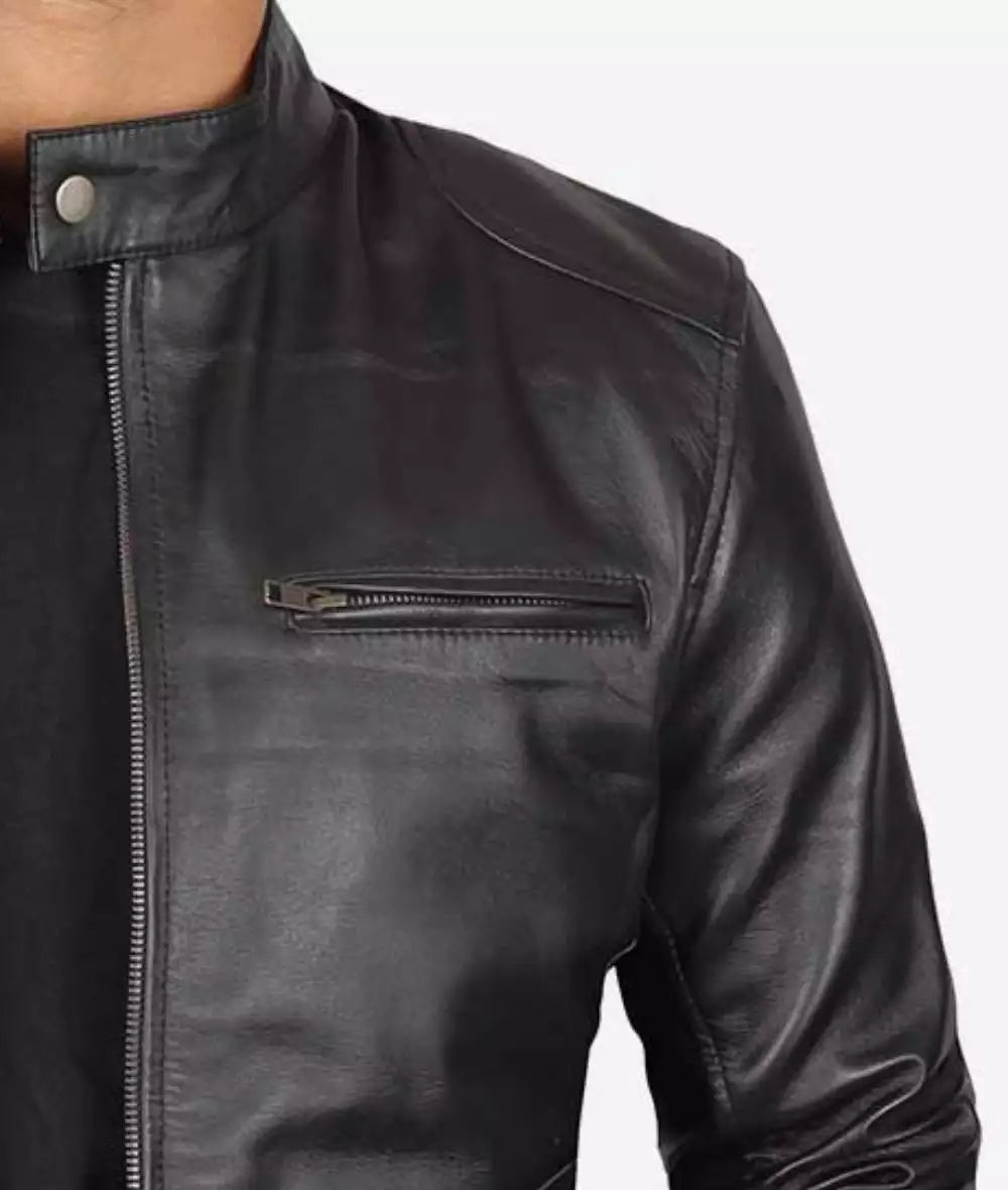 Lambskin Black Biker Style Leather Jacket for Tall Men
