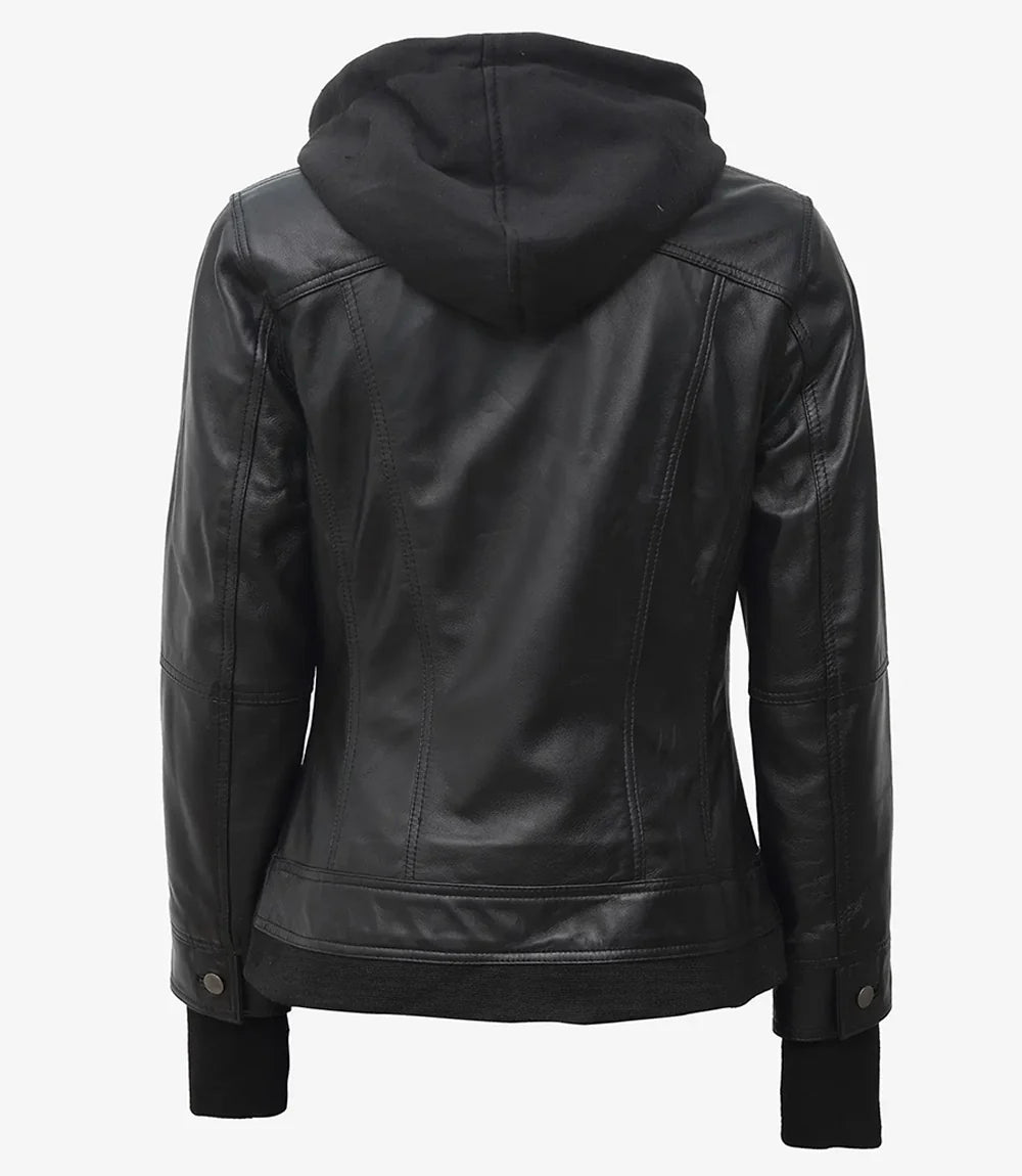 Women's Black Leather Bomber Jacket with Removable Hood