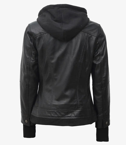 Women's Black Leather Bomber Jacket with Removable Hood