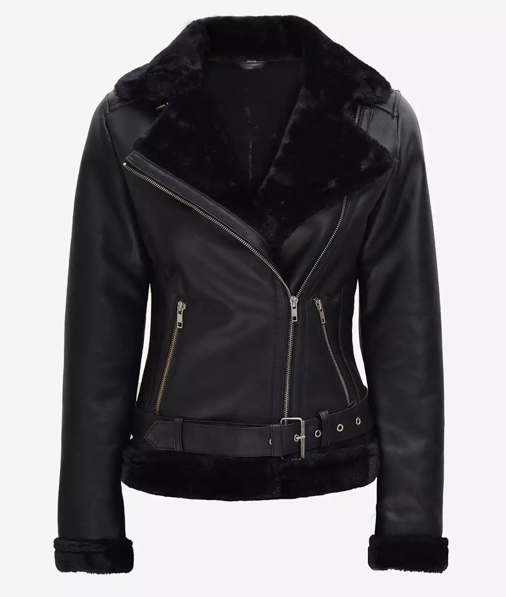 Agnes Asymmetrical Black Shearling Leather Jacket Womens Max Jackets