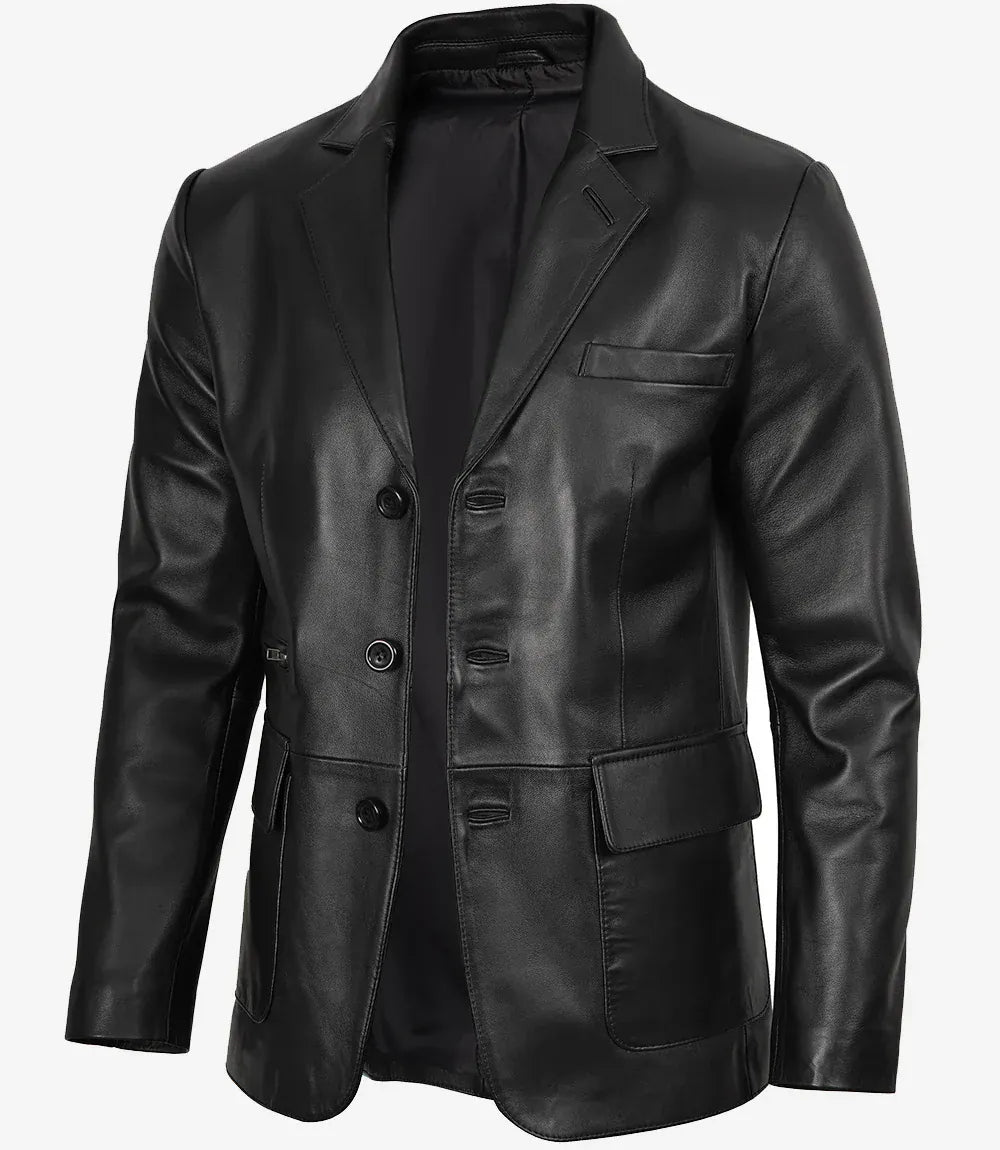 Men's Black Three Button Lambskin Leather Blazer