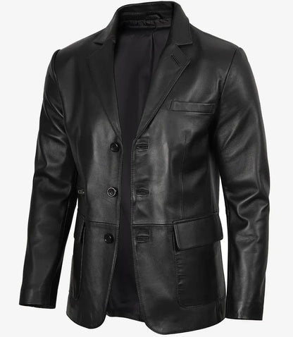 Men's Black Three Button Lambskin Leather Blazer