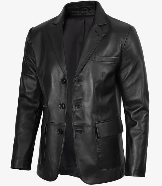 Men's Black Three Button Lambskin Leather Blazer