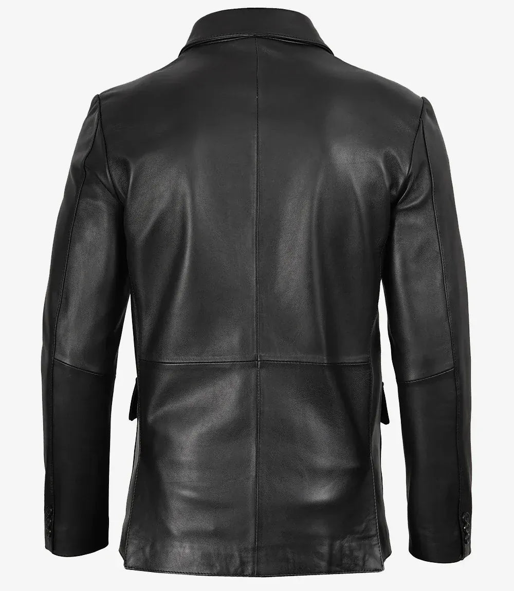 Men's Black Three Button Lambskin Leather Blazer