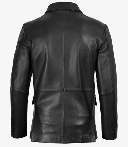 Men's Black Three Button Lambskin Leather Blazer