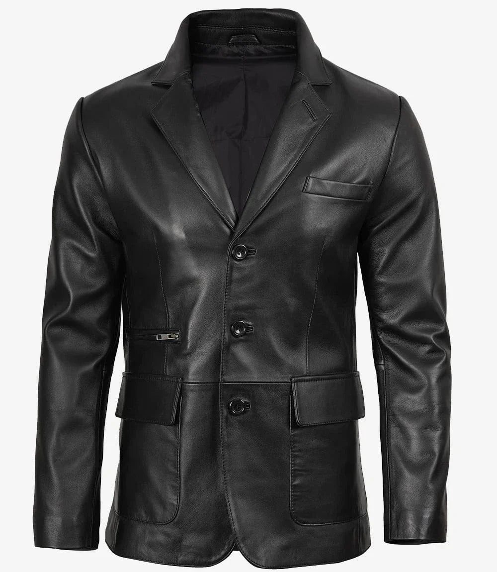 Men's Black Three Button Lambskin Leather Blazer