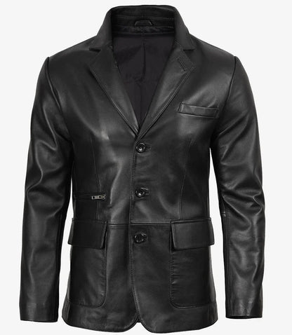 Men's Black Three Button Lambskin Leather Blazer