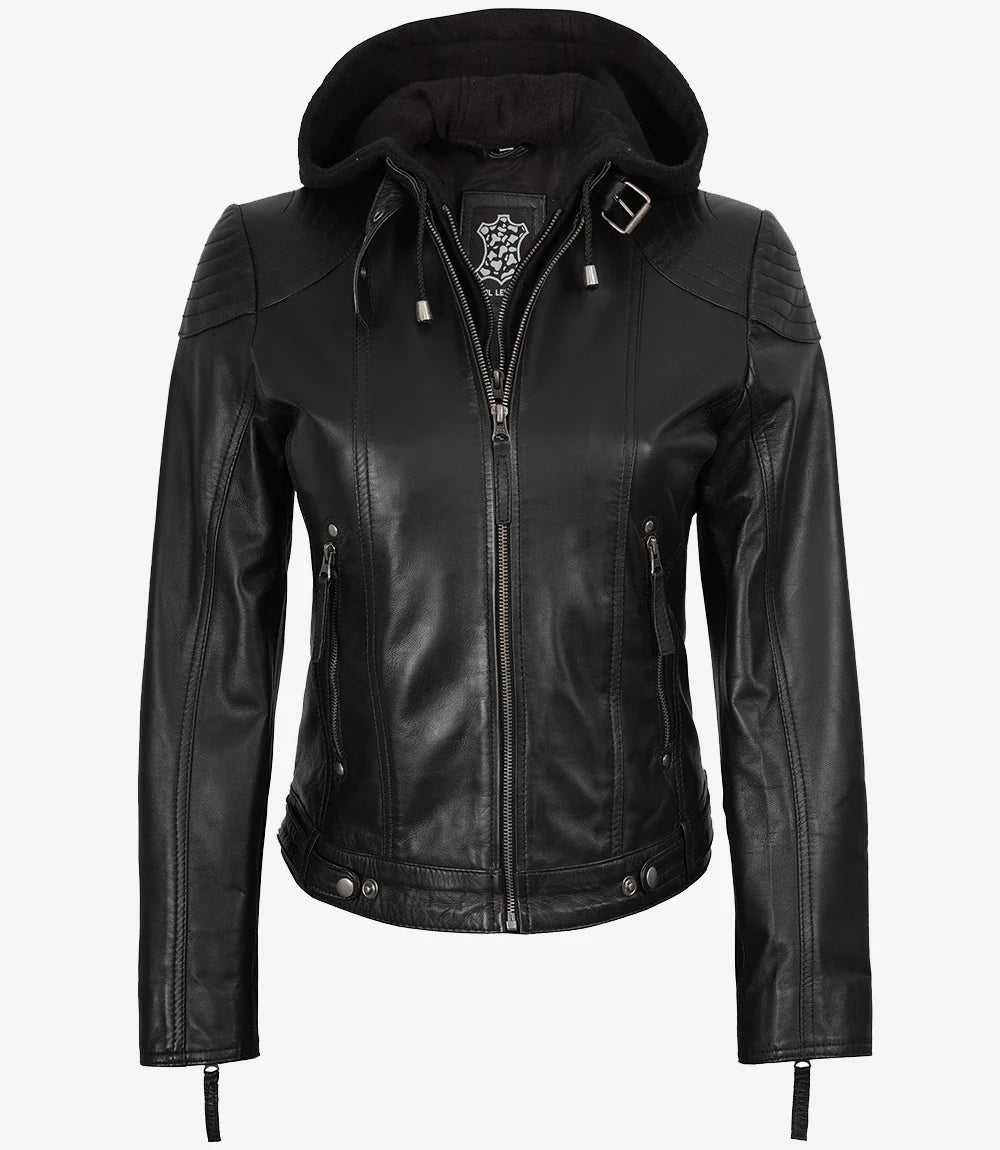 Women's Black Leather Jacket With Removable Hood