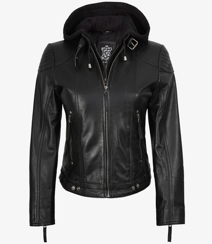 Women's Black Leather Jacket With Removable Hood