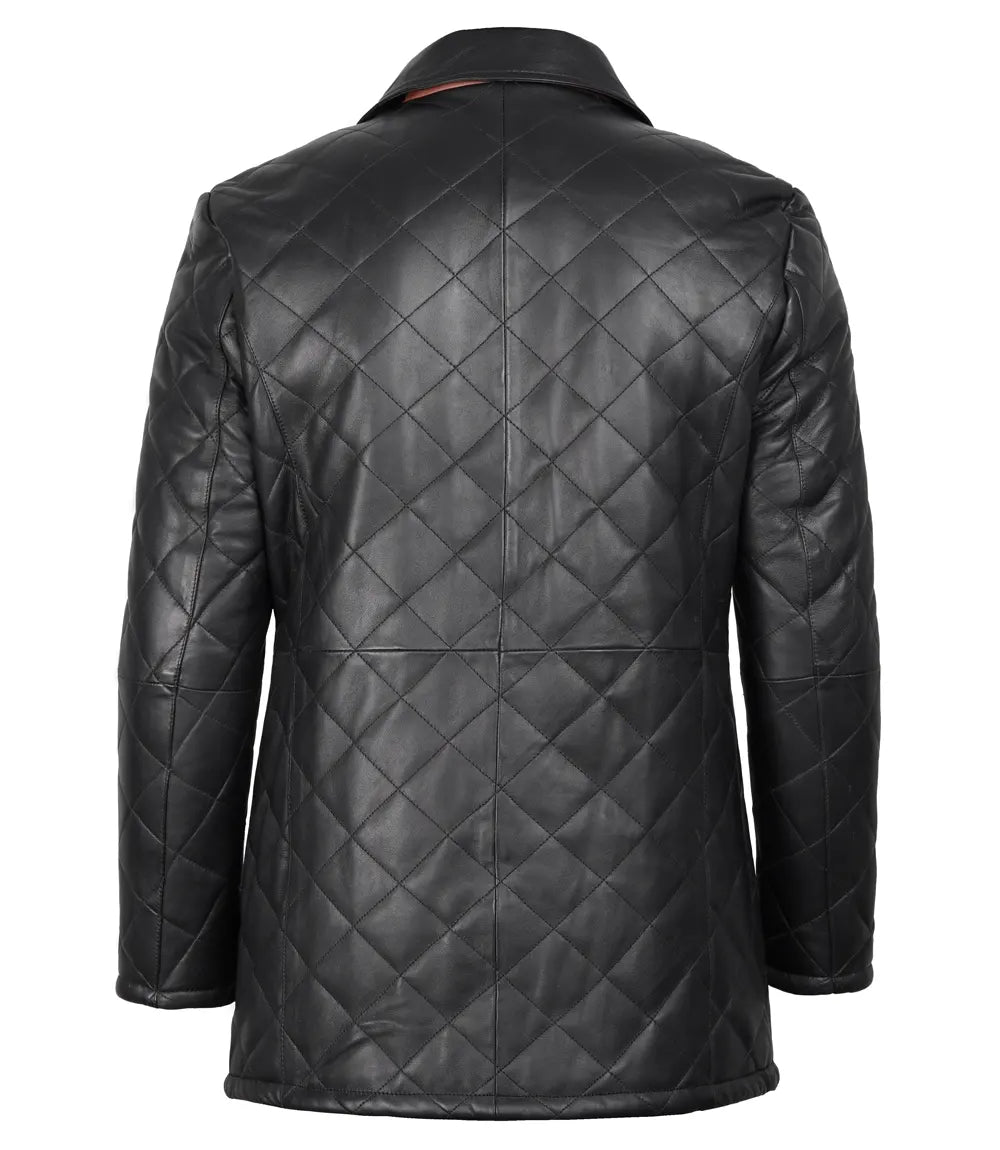 Men's Black Diamond Quilted Leather Car Coat With Brown Detailing