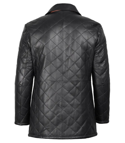 Men's Black Diamond Quilted Leather Car Coat With Brown Detailing