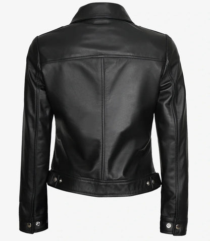 Womens Shirt Collar Black Leather Jacket