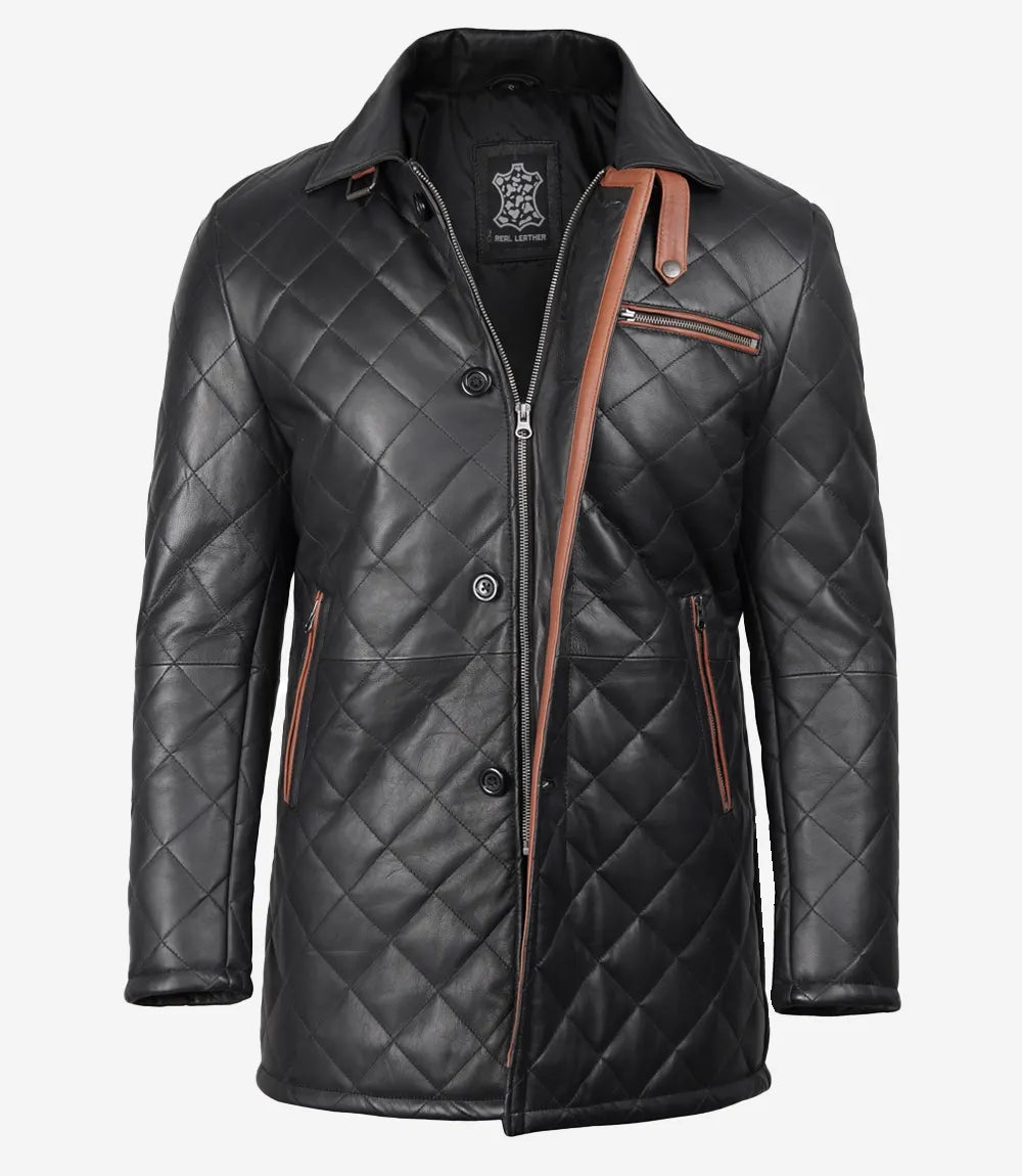 Men's Black Diamond Quilted Leather Car Coat With Brown Detailing