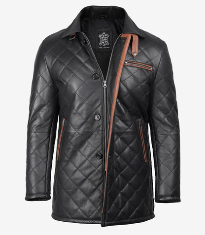 Men's Black Diamond Quilted Leather Car Coat With Brown Detailing