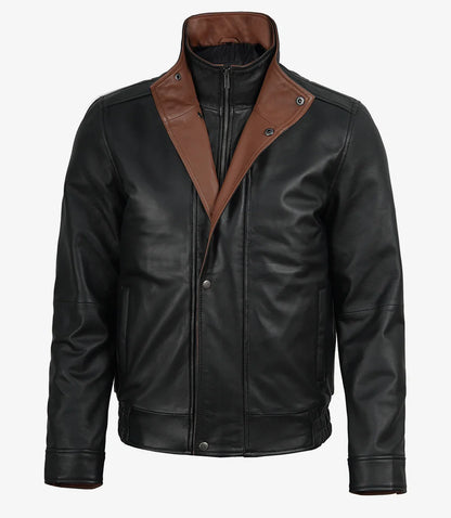 Erin Mens High-Collar Black Bomber Leather Jacket With Brown Details