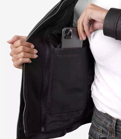 Helen Womens Tall Black Leather Jacket with Removable Hood