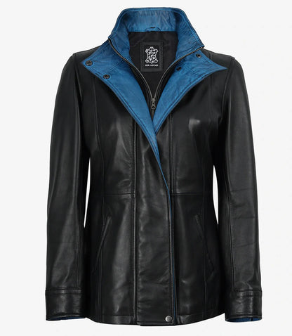 Erin Women's High-Collar Black Leather Jacket With Blue Waxed Details